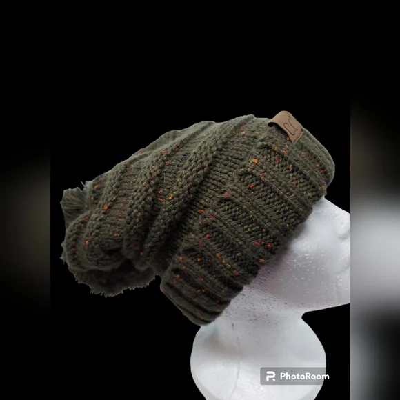 C.C Exclusives Olive Green Oversized Cable Knit Confetti Pom Pom Hat Women's - Picture 4 of 9
